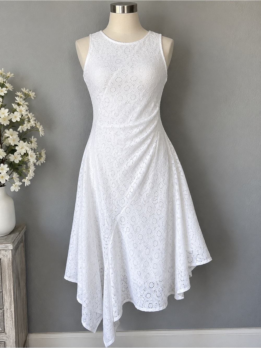 Dana Buchman White Asymmetrical Lace Midi Dress
